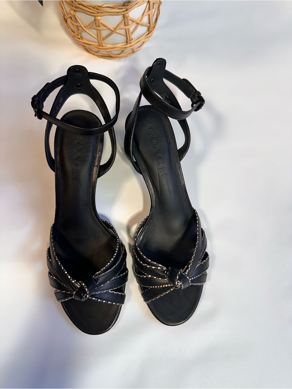 Coach Black Strappy Kitten Heel Sandals with Silver Stitching - Picture 3 of 8